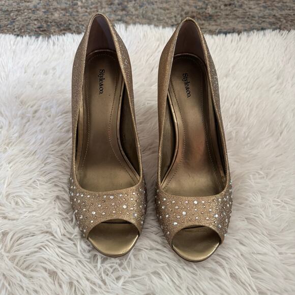 Style & Co Monae Peek A Boo Gold Rhinestone Heels Size 7M - Picture 1 of 9